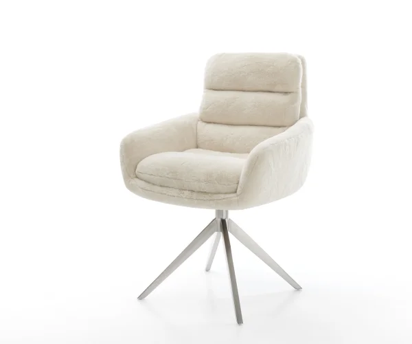 Chaise-pivotante Abelia-Flex avec accoudoirs peluche crème-blanc pied croisé large acier inoxydable pivotement sur 360° fonction bascule