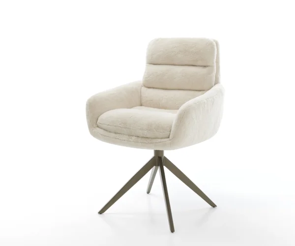 Chaise-pivotante Abelia-Flex avec accoudoirs peluche crème-blanc pied croisé large aspect titane pivotement sur 360° fonction bascule