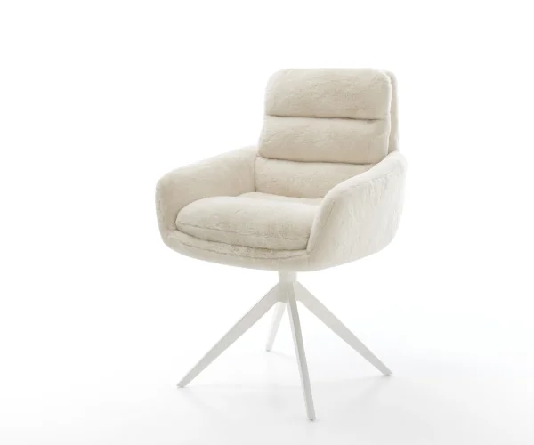 Chaise-pivotante Abelia-Flex avec accoudoirs peluche crème-blanc pied croisé large blanc pivotement sur 360° fonction bascule