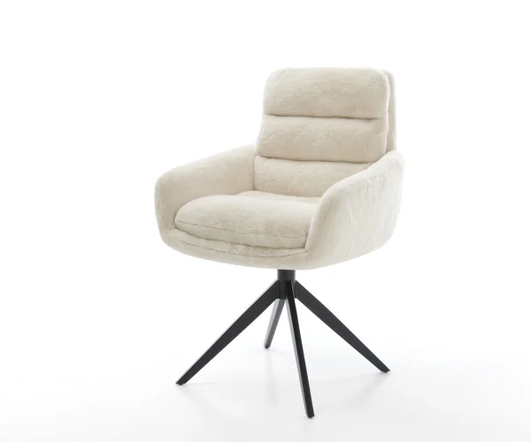 Chaise-pivotante Abelia-Flex avec accoudoirs peluche crème-blanc pied croisé large noir pivotement sur 360° fonction bascule