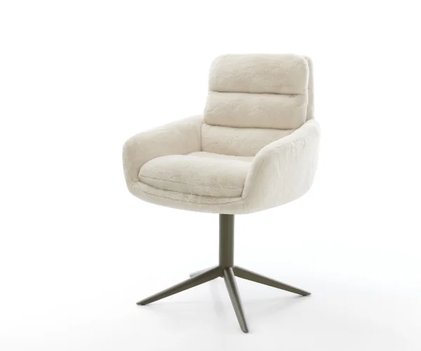Chaise-pivotante Abelia-Flex avec accoudoirs peluche crème-blanc pied de chaise 4 branches aspect titane pivotement sur 360° fonction bascule