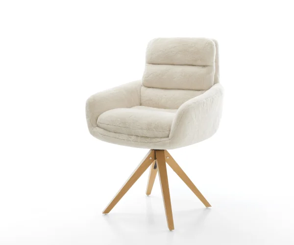 Chaise-pivotante Abelia-Flex avec accoudoirs peluche crème-blanc pied en bois angulaire naturel pivotement sur 180°