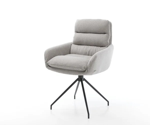 Chaise-pivotante Abelia-Flex avec accoudoirs rayures gris clair cadre croisé conique noir pivote sur 180°