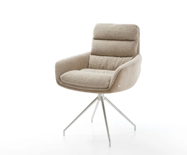 Chaise-pivotante Abelia-Flex avec accoudoirs tissu mixte couleur boue pied croisé conique acier inoxydable brossé pivotement sur 180°