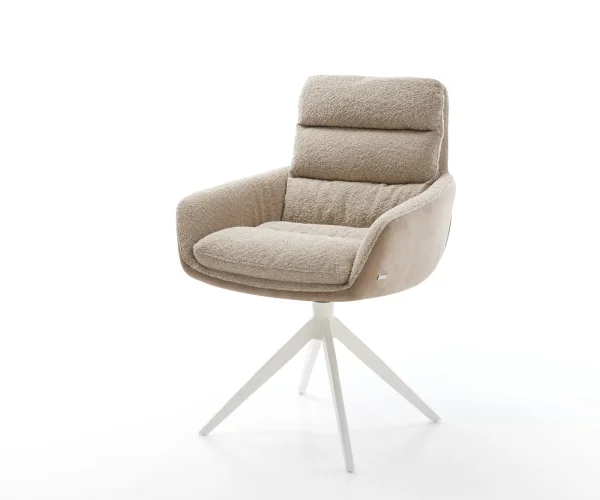Chaise-pivotante Abelia-Flex avec accoudoirs tissu mixte couleur boue pied croisé large blanc pivotement sur 360° fonction bascule