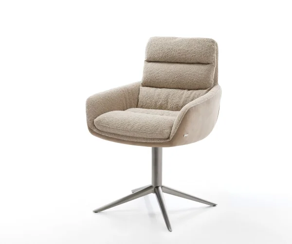 Chaise-pivotante Abelia-Flex avec accoudoirs tissu mixte couleur boue pied de chaise 4 branches acier inoxydable brossé pivotement sur 360° fonction bascule