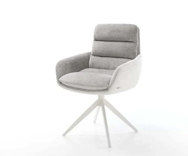 Chaise-pivotante Abelia-Flex avec accoudoirs tissu mixte cuir de vache blanc-gris argenté pied croisé large blanc pivotement sur 360° fonction bascule