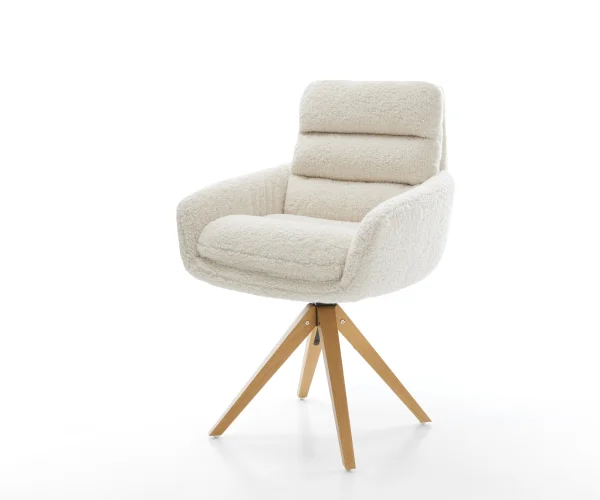 Chaise-pivotante Abelia-Flex avec accoudoirs tissu teddy beige pied en bois angulaire naturel pivotement sur 180°