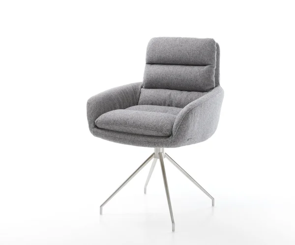 Chaise-pivotante Abelia-Flex avec accoudoirs tissu texturé gris clair cadre croisé conique acier inoxydable pivote sur 180°