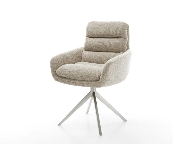 Chaise-pivotante Abelia-Flex avec accoudoirs tissu tissé doux beige pied croisé large acier inoxydable pivotement sur 360° fonction bascule