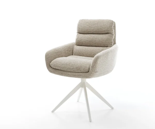 Chaise-pivotante Abelia-Flex avec accoudoirs tissu tissé doux beige pied croisé large blanc pivotement sur 360° fonction bascule
