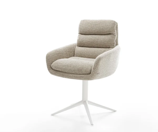 Chaise-pivotante Abelia-Flex avec accoudoirs tissu tissé doux beige pied de chaise 4 branches blanc pivotement sur 360° fonction bascule