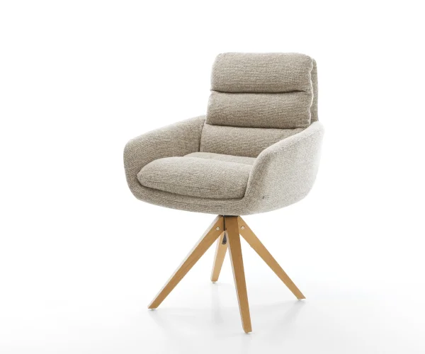 Chaise-pivotante Abelia-Flex avec accoudoirs tissu tissé doux beige pied en bois angulaire naturel pivotement sur 180°