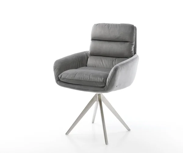 Chaise-pivotante Abelia-Flex avec accoudoirs velours gris cadre croisé angulaire acier inoxydable pivote sur 180°