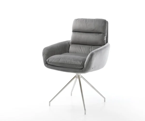 Chaise-pivotante Abelia-Flex avec accoudoirs velours gris cadre croisé conique acier inoxydable pivote sur 180°