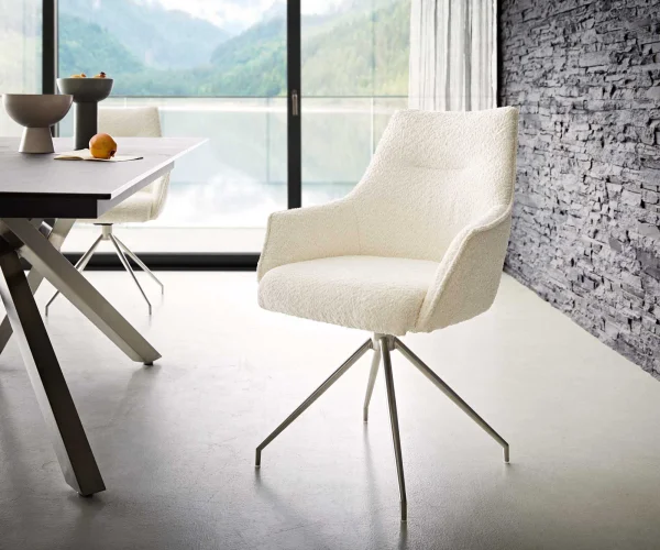 Chaise-pivotante Alja-Flex avec accoudoirs bouclé blanc pied croisé conique acier inoxydable ressorts ensachés pivote sur 180°