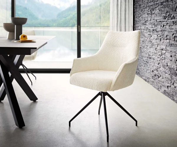 Chaise-pivotante Alja-Flex avec accoudoirs bouclé blanc pied croisé conique noir pivotement sur 180° ressorts ensachés