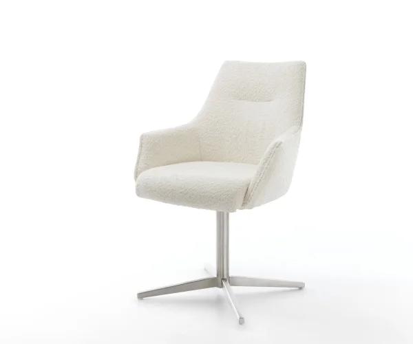 Chaise-pivotante Alja-Flex avec accoudoirs bouclé blanc pied de chaise 4 branches acier inoxydable brossé pivotement sur 360° ressorts ensachés