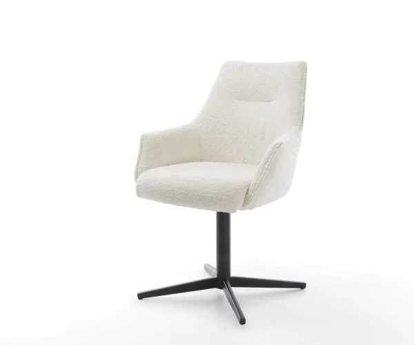 Chaise-pivotante Alja-Flex avec accoudoirs bouclé blanc pied de chaise 4 branches noir pivotement sur 360° ressorts ensachés