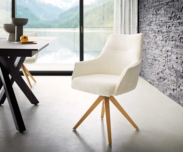 Chaise-pivotante Alja-Flex avec accoudoirs bouclé blanc pied en bois angulaire naturel pivotement sur 180° ressorts ensachés