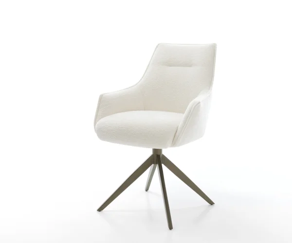 Chaise-pivotante Alja-Flex avec accoudoirs bouclé doux beige pied croisé large aspect titane pivotement sur 360° fonction bascule resorts ensachés