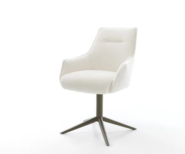 Chaise-pivotante Alja-Flex avec accoudoirs bouclé doux beige pied de chaise 4 branches aspect titane pivotement sur 360° fonction bascule resorts ensachés