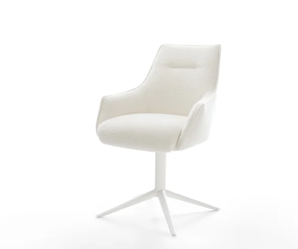 Chaise-pivotante Alja-Flex avec accoudoirs bouclé doux beige pied de chaise 4 branches blanc pivotement sur 360° fonction bascule resorts ensachés