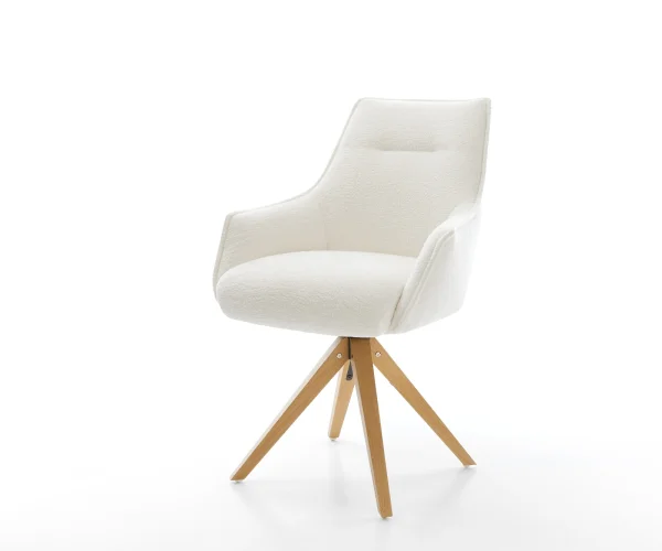 Chaise-pivotante Alja-Flex avec accoudoirs bouclé doux beige pied en bois angulaire naturel pivotement sur 180° resorts ensachés