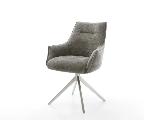 Chaise-pivotante Alja-Flex avec accoudoirs bouclé doux couleur boue pied croisé large acier inoxydable pivotement sur 360° fonction bascule resorts ensachés