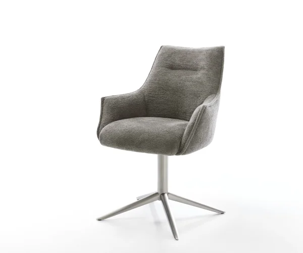 Chaise-pivotante Alja-Flex avec accoudoirs bouclé doux couleur boue pied de chaise 4 branches acier inoxydable pivotement sur 360° fonction bascule resorts ensachés