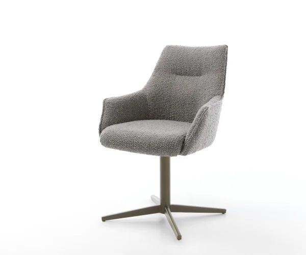 Chaise-pivotante Alja-Flex avec accoudoirs bouclé gris argenté pied de chaise 4 branches aspect titane pivotement sur 360° ressorts ensachés
