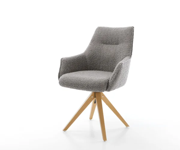 Chaise-pivotante Alja-Flex avec accoudoirs bouclé gris argenté pied en bois angulaire naturel pivotement sur 180° ressorts ensachés