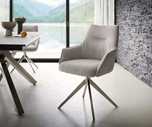 Chaise-pivotante Alja-Flex avec accoudoirs côtelé gris argenté pied croisé large acier inoxydable brossé pivotement sur 360° ressorts ensachés