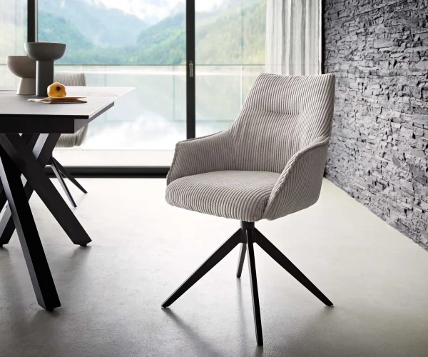 Chaise-pivotante Alja-Flex avec accoudoirs côtelé gris argenté pied croisé large noir pivotement sur 360° ressorts ensachés