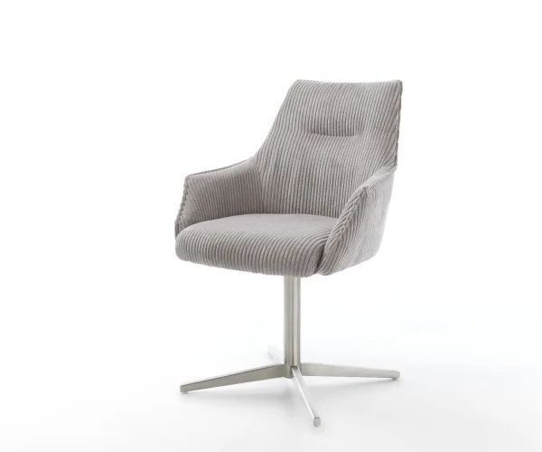 Chaise-pivotante Alja-Flex avec accoudoirs côtelé gris argenté pied de chaise 4 branches acier inoxydable brossé pivotement sur 360° ressorts ensachés