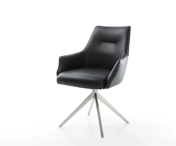 Chaise-pivotante Alja-Flex avec accoudoirs cuir de vache noir pied croisé large acier inoxydable brossé pivotement sur 360° fonction bascule ressorts ensachés