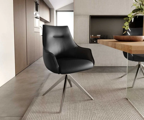 Chaise-pivotante Alja-Flex avec accoudoirs cuir de vache noir pied croisé large acier inoxydable brossé pivotement sur 360° ressorts ensachés