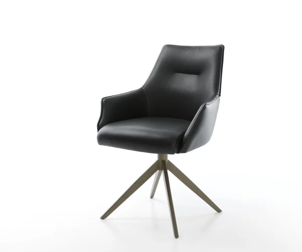 Chaise-pivotante Alja-Flex avec accoudoirs cuir de vache noir pied croisé large aspect titane pivotement sur 360° ressorts ensachés