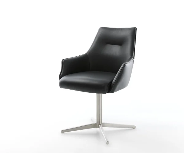 Chaise-pivotante Alja-Flex avec accoudoirs cuir de vache noir pied de chaise 4 branches acier inoxydable brossé pivotement sur 360° ressorts ensachés