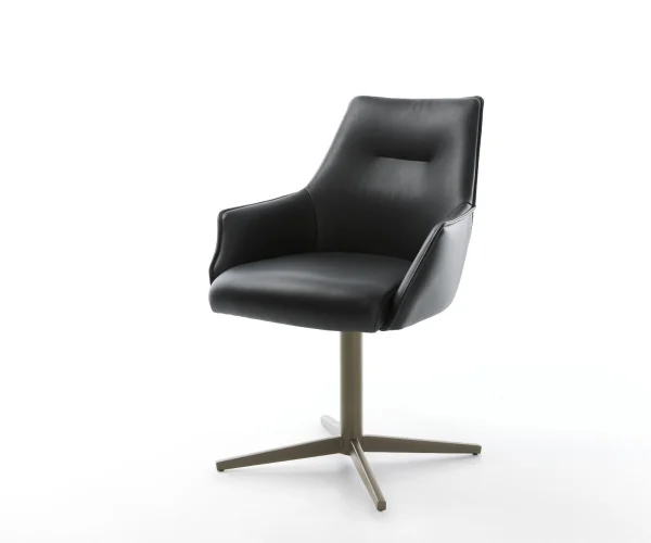 Chaise-pivotante Alja-Flex avec accoudoirs cuir de vache noir pied de chaise 4 branches aspect titane pivotement sur 360° ressorts ensachés