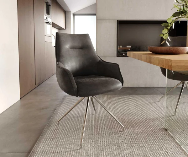 Chaise-pivotante Alja-Flex avec accoudoirs microvelours anthracite vintage pied croisé conique acier inoxydable brossé pivotement sur 180° ressorts ensachés