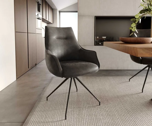 Chaise-pivotante Alja-Flex avec accoudoirs microvelours anthracite vintage pied croisé conique noir pivotement sur 180° ressorts ensachés