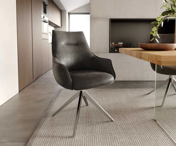 Chaise-pivotante Alja-Flex avec accoudoirs microvelours anthracite vintage pied croisé large acier inoxydable brossé pivotement sur 360° ressorts ensachés