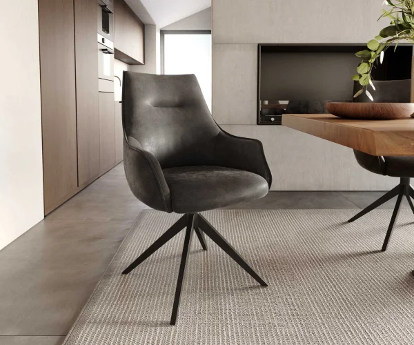 Chaise-pivotante Alja-Flex avec accoudoirs microvelours anthracite vintage pied croisé large noir pivotement sur 360° ressorts ensachés