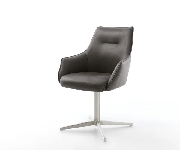 Chaise-pivotante Alja-Flex avec accoudoirs microvelours anthracite vintage pied de chaise 4 branches acier inoxydable brossé pivotement sur 360° ressorts ensachés