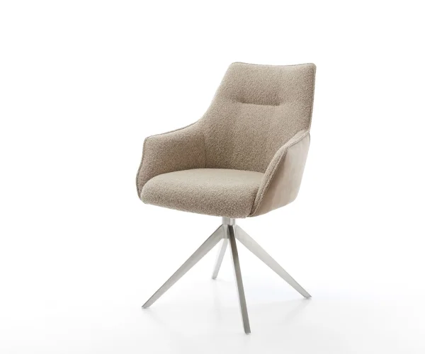 Chaise-pivotante Alja-Flex avec accoudoirs microvelours boue pied croisé large acier inoxydable brossé pivotement sur 360° fonction bascule ressorts ensachés