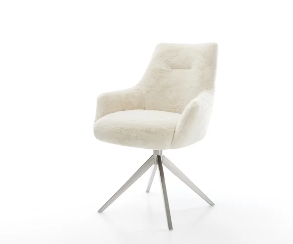Chaise-pivotante Alja-Flex avec accoudoirs peluche crème-blanc pied croisé large acier inoxydable pivotement sur 360° fonction bascule resorts ensachés