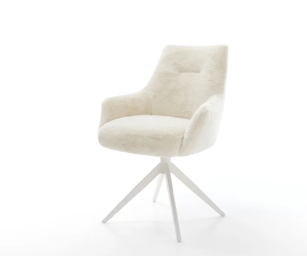 Chaise-pivotante Alja-Flex avec accoudoirs peluche crème-blanc pied croisé large blanc pivotement sur 360° fonction bascule resorts ensachés