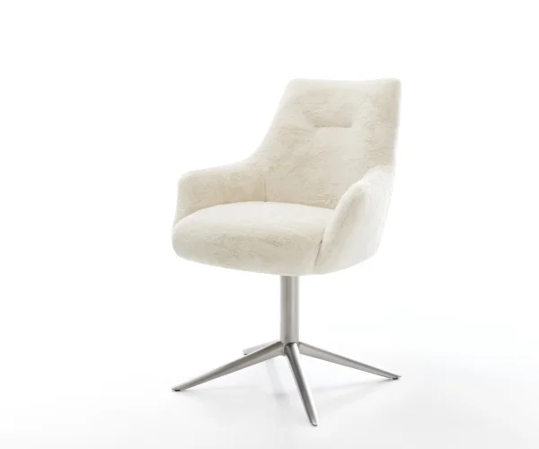 Chaise-pivotante Alja-Flex avec accoudoirs peluche crème-blanc pied de chaise 4 branches acier inoxydable pivotement sur 360° fonction bascule resorts ensachés