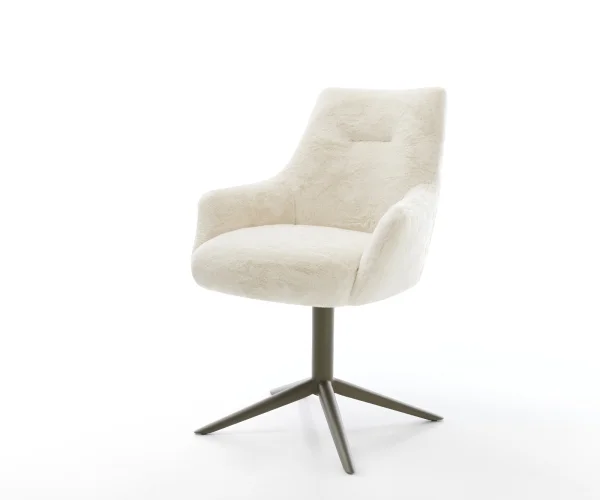 Chaise-pivotante Alja-Flex avec accoudoirs peluche crème-blanc pied de chaise 4 branches aspect titane pivotement sur 360° fonction bascule resorts ensachés
